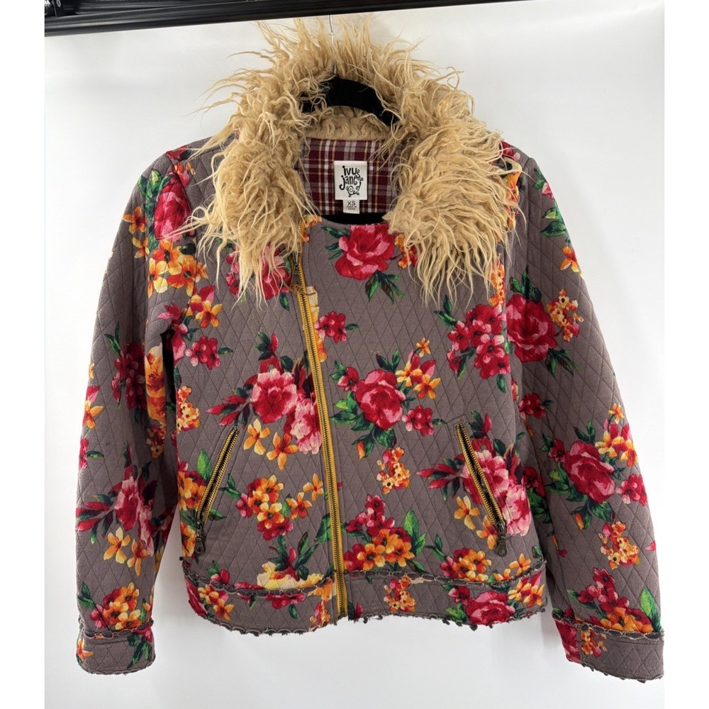 Ivy Jane Zip Front Jacket Faux Fur Diamond Quilted Dark Floral Womans XS Boho